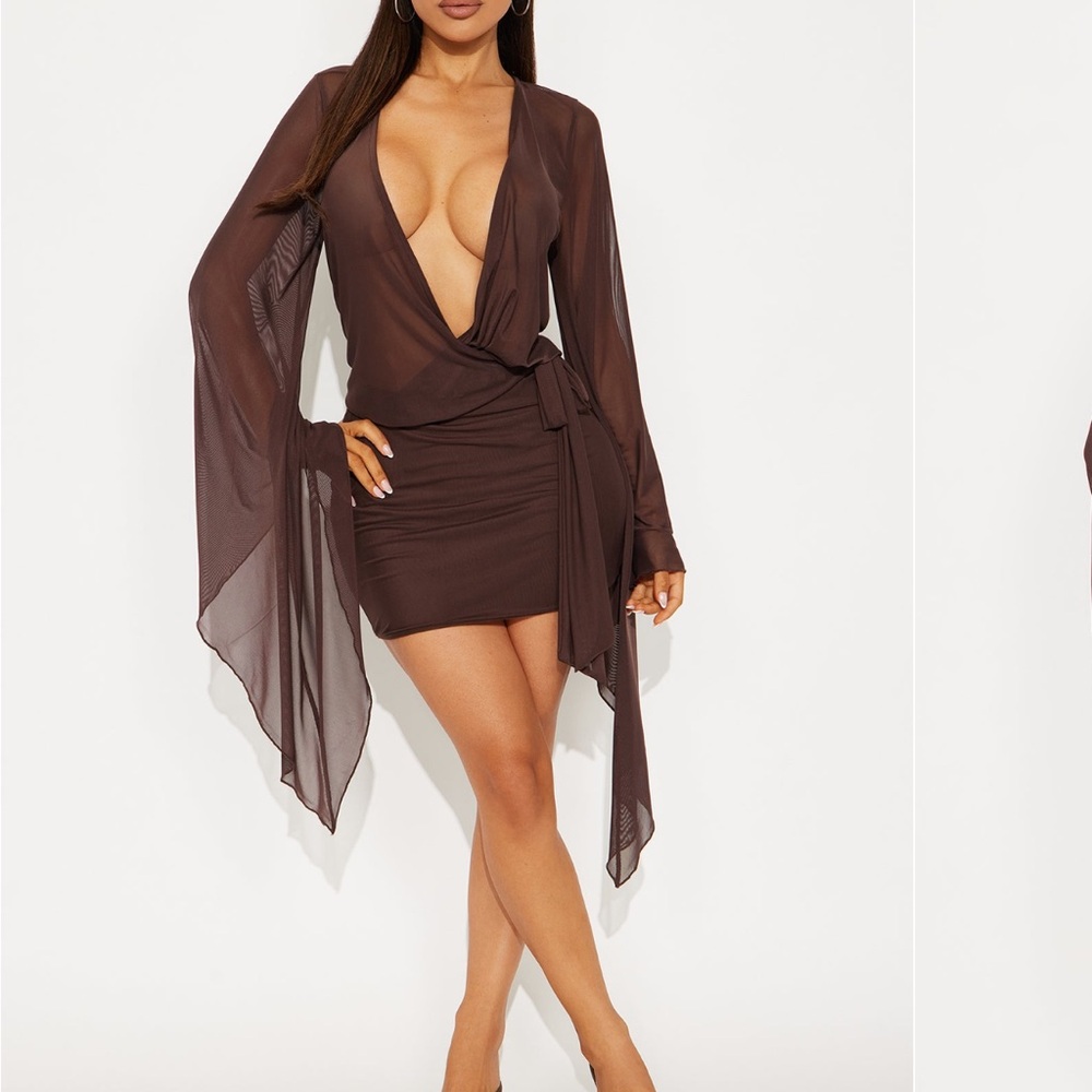 Fashion Nova Sheer Brown Mini Dress